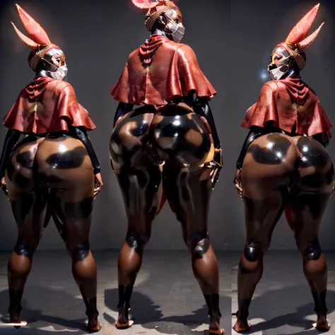 a close up of a black skinned african woman DRESSING ONLY a red cape, UNDERNEATH SHE IS NOT WEARING ANYTHING, HER ANUS AND VAGINA ARE EXPOSED, with a Hornet mask that completely covers his face, her butt and legs are bare, thicc, full body shot turn, full ...