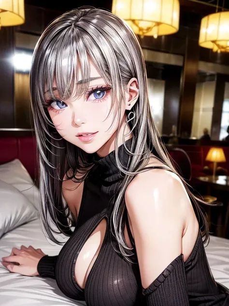 (table top, highest quality、high detail:1.1、Very attractive adult beauty、Add intense highlights to your eyes、Backwards、look back、Beautiful woman full of adult charm、perfect anatomy、silver hear、long hair、shiny hair、lip gloss),1 girl, solo, realistic、tilt yo...