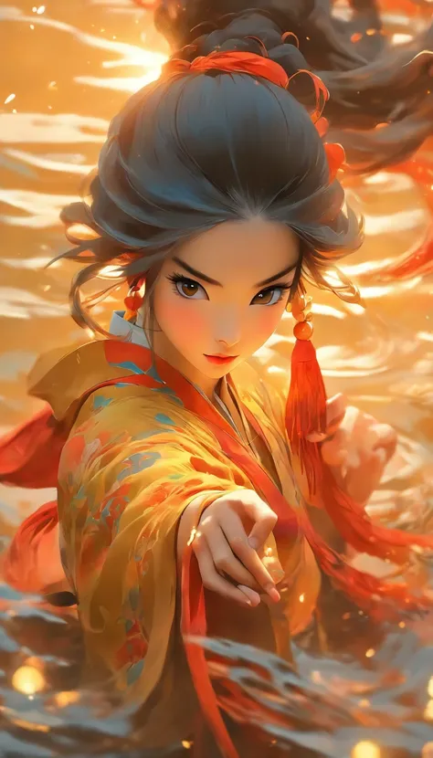 a beautiful girlin ancient china is practicing chinese kungfu, pointing down, she stands on the water with a hazy reflection, she has a delicate and vivid face, long black and golden hair, big: 2 eyes, charming eyes, charming face, long eyelashes, she wear...