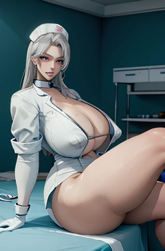 ,nurse uniform,hospital, latex nurse suit,nurses,busty,elbow gloves,labcoat,silverhair woman,blue eyes , gigantic boobs ,medical instruments,asian nurse,two nurses,speculum,examination room,oversize boobs, ,big ass ,strap on, lay on table ,legs spreaded,gi...