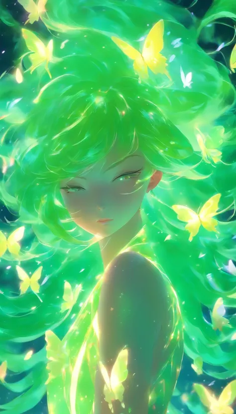 iridescent jade hair girl, Full body ,light green hair, soft glow effect, in the style of houseki no kuni, very long hair, glowing hair, wind blowing, fluttering, butterflies --niji 5 --s 1000 --ar 9:16