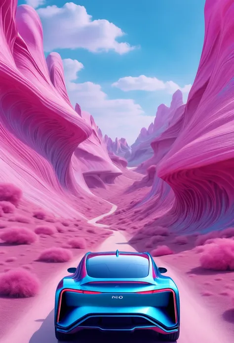 NIO car  in las vegas, in the style of psychedelic surrealist landscapes, light maroon and azure, 32k uhd, photomontage, northern chinas terrain, zigzags, joyful celebration of nature