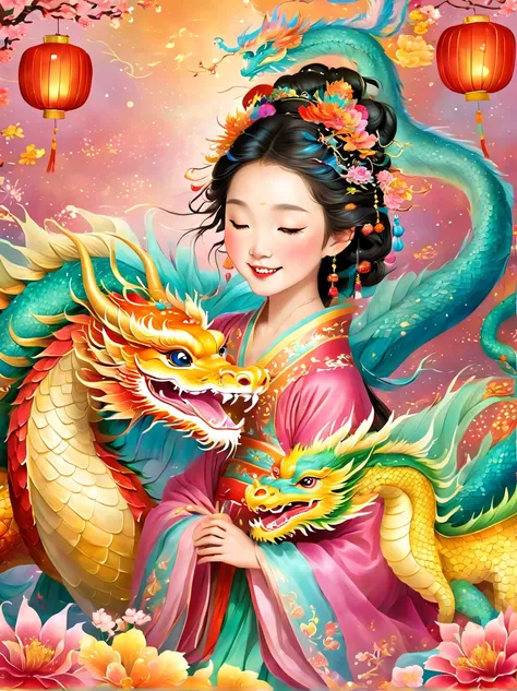 joyful and festive scene featuring a cute and lively 5-year-old ancient Chinese princess embracing a fluffy-textured, mythical Chinese baby dragon. Both are sleeping peacefully. The background is enhanced with festive decorations, such as lanterns, colorfu...