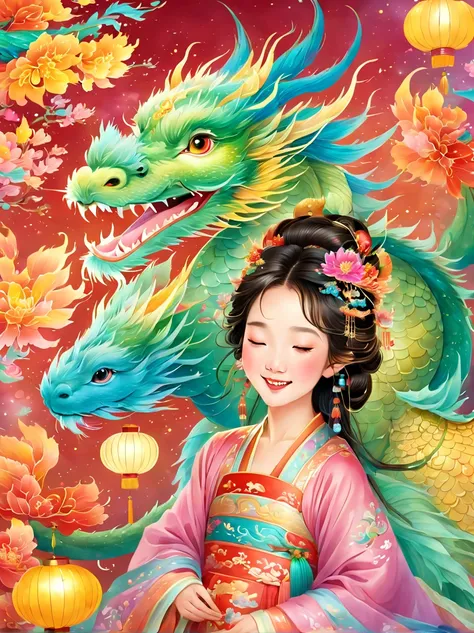 joyful and festive scene featuring a cute and lively 5-year-old ancient Chinese princess embracing a fluffy-textured, mythical Chinese baby dragon. Both are sleeping peacefully. The background is enhanced with festive decorations, such as lanterns, colorfu...