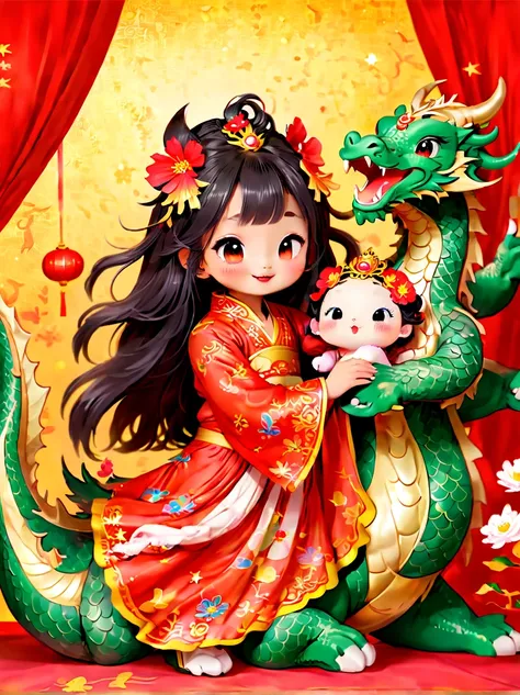 joyful and festive scene featuring a cute and lively 5-year-old ancient Chinese princess embracing a fluffy-textured, mythical Chinese baby dragon. Both are sleeping peacefully. The background is enhanced with festive decorations, such as lanterns, colorfu...