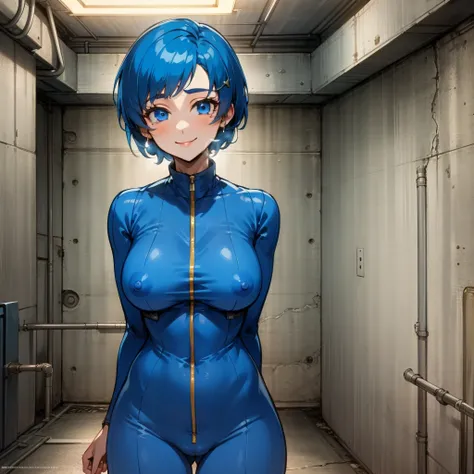 nsfw, Ami Mizuno, short hair, bleu hair, blue eyes, smile,  
blue bodysuit, 13
standing, upper body, solo girl,
underground vault, clean, fallout 4,  
(insanely detailed, beautiful detailed face, masterpiece, best quality),  