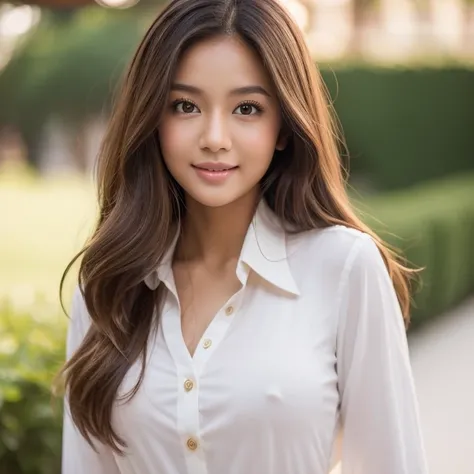 Classy innocent malay babe, very beautiful, typical malay hazel eyes, slim figure, sweet character, (wears modest dress), large breast inside dress, professional lighting, portrait, blur background, (dynamic range: 1.2), great scene, midshot, full chest, (...