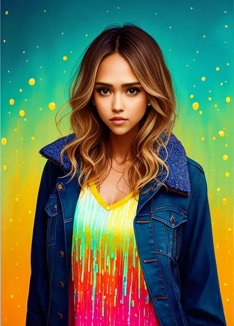 Jessica Alba, luminous design, pastel colour, ink drips, autumn lights