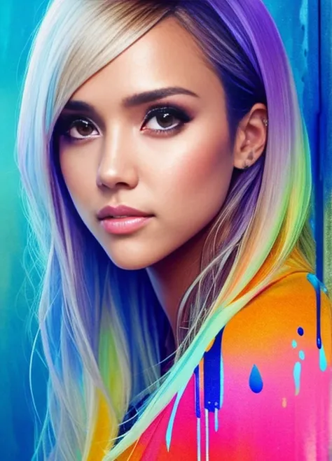 Jessica Alba, luminous design, pastel colour, ink drips, autumn lights