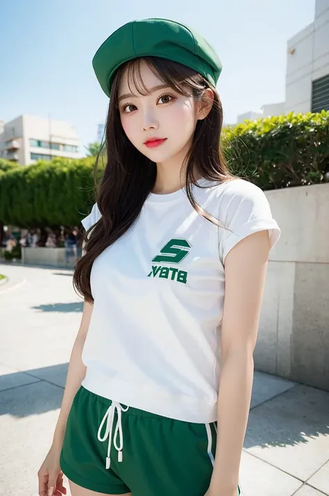 a girl in white and green shorts and a white cap,in the style of artgerm,honeycore,shilin huang,candid,shiny,cartoon mis-en-scene,photo-realistic 