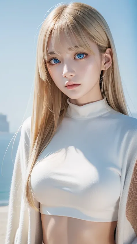 Nature photography of a beautiful girl, Wear a loose-fitting crop top, to protect myself, Super long,puffy blonde hair, large bust, messy bangs between eyes、fix your gaze on the camera, eye shadow, symmetrical eyes, plane of symmetry, photorealism, photogr...