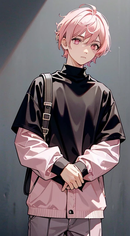 1 boy, ((Light pink hair color)) , short hair, black clothing, (light pink eye color)