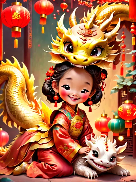 joyful and festive scene featuring a cute and lively 5-year-old ancient chinese princess embracing a fluffy-textured, mythical c...