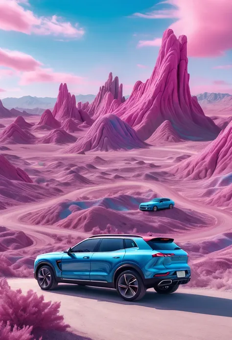 LYNK&CO car  in las vegas, in the style of psychedelic surrealist landscapes, light maroon and azure, 32k uhd, photomontage, northern chinas terrain, zigzags, joyful celebration of nature