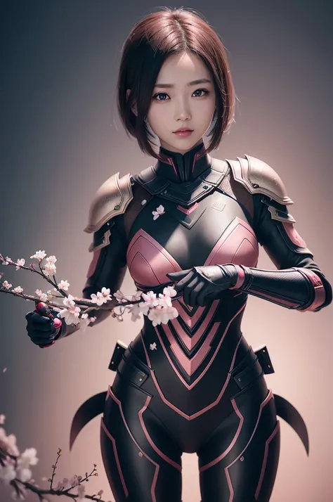 beautiful japanese young woman, wearing ninja armor, thick symmetrical features, very short hair, background is cherry blossoms, pink aura, red lips, octane render,