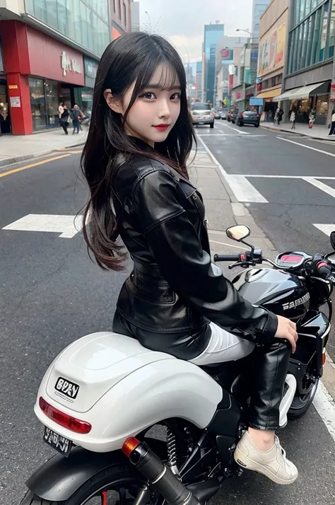 asian model girl with big riding her motorcycle on the street, in the style of 32k uhd, exaggerated facial features, subtle elegance, gongbi, aurorapunk, wavy, hallyu 