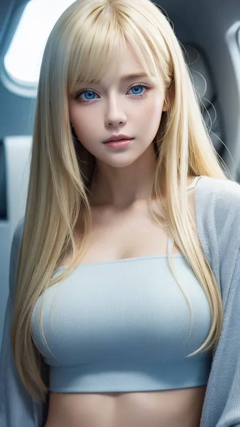 Natural photo of beautiful blonde girl, Wear a loose-fitting crop top, Super long flowing blonde hair that covers the face, messy bangs between eyes、Not too big bust, fix your gaze on the camera, Very beautiful bright light blue eyes、very big eyes, plane o...