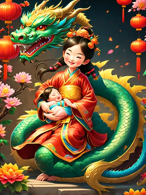 joyful and festive scene featuring a cute and lively 5-year-old ancient Chinese princess embracing a fluffy-textured, mythical Chinese baby dragon. Both are sleeping peacefully. The background is enhanced with festive decorations, such as lanterns, colorfu...