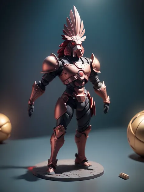 (Blind box toy style:1.3),((Full body shot))(anthropomorphism) , (1 strong rooster metal warrior)(((solo))) metal armor,dreamy glow, Clean dark background,Red cyan style，(circular base）( Global illumination, Ray tracing, hdr, unreal render,reasonable desig...