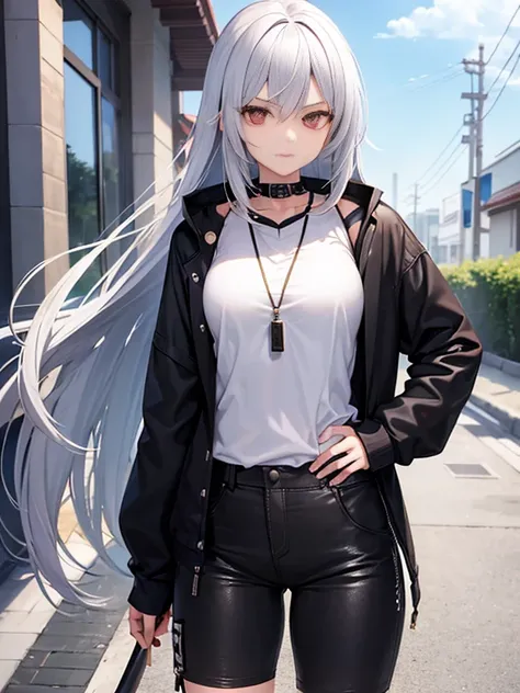 A girl ((unsheathing katana)) her appearance She has long a silver Hair falls through her waist and Her eyes Gold vertical pupils, as she wearing a hoodie oversize with Kanji Japanese design patterns,her accessories has a silver dog tags under her neck, sh...