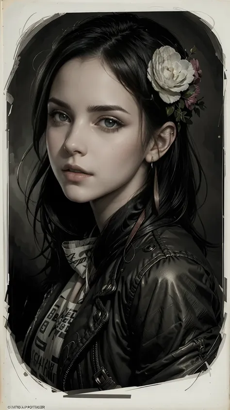 Charlie Bowater realistic Lithography sketch portrait of a female, flowers, [gear], pipe, diesel punk, multi-colored ribbons, old paper texture, very detailed