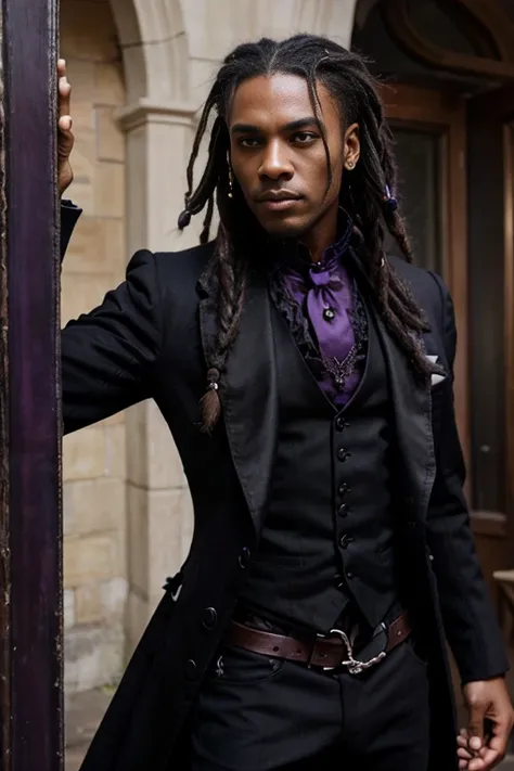 A gothic black man, , , with a dread hair, , , villain, , , black clothes with purple detail, , , the clothes follow a Victorian style.