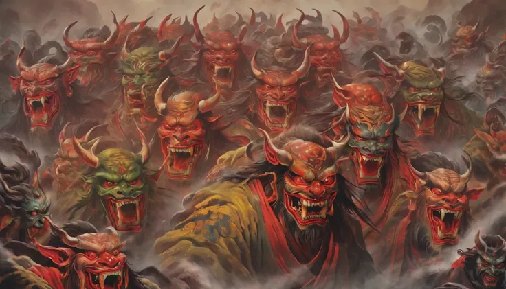 Procession of a Hundred japan Demons, Ancient Japan, Realism, Realistic Details, Mysterious, Mysterious, 8k Resolution, Stunning Visuals, ultra-detailed, full body