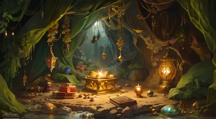 [Realistic painting of a cave with treasures full of gold and jewels and lamp light]