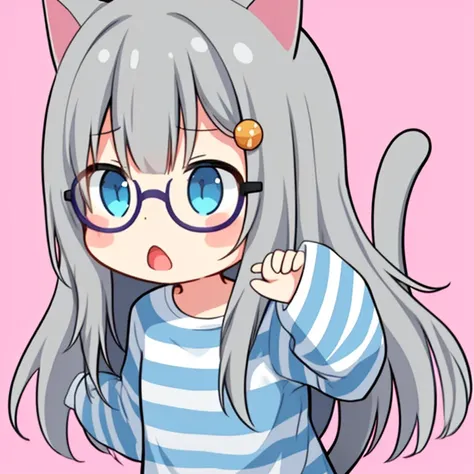 chibi, nachonekotype, animal ears, cat ears, shirt, grey hair, blue eyes, square black glasses, thick frame glasses, tail, long hair, hair ornament, open mouth, striped, sleeves past wrists, bangs, blush stickers, striped shirt, cat tail, solo, cat girl, l...