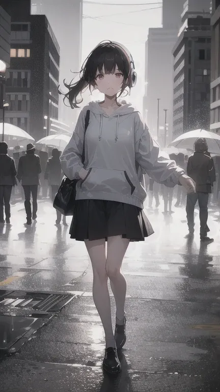 A girl alone, wearing a hoodie and headphones, stands on a rainy street. Her black hair is tied up in a short ponytail, and tears stream down her face. The scene is incredibly absurd, with neon lights reflecting off the wet pavement. The raindrops create a...