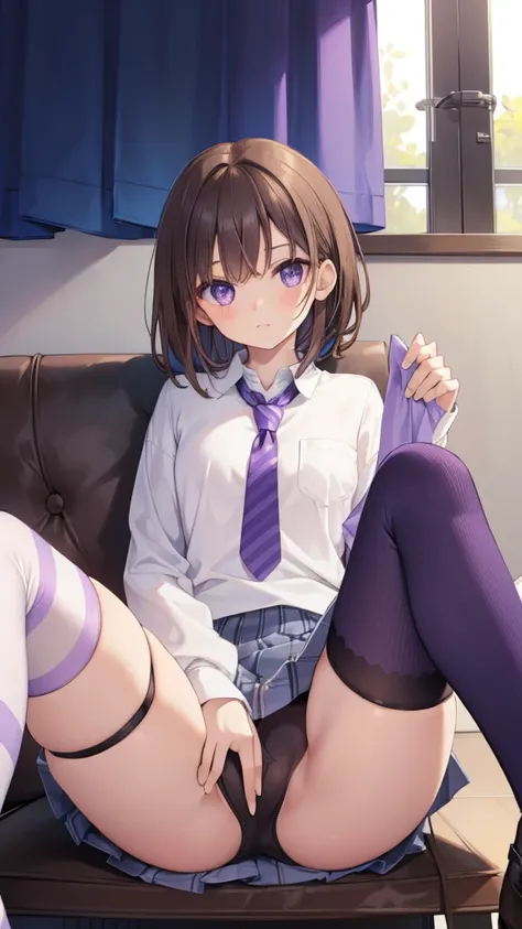 A young girl，brown hair，purple eyes，blue stripe dye，skin，legs apart，jk，short skirt，stockings，sitting position，Spread your legs apart，Briefs，leg wide open