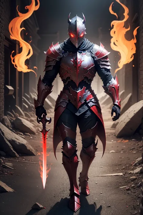 (((full body photo))) The whole body of a demonic demon with a big sword and a red flame, demon armor, from head to toes, Armadura corrompida, Armadura refletida cor de fogo preta, Governante do Inferno, red demon armor, flame conjuring armored, diabo, Sen...