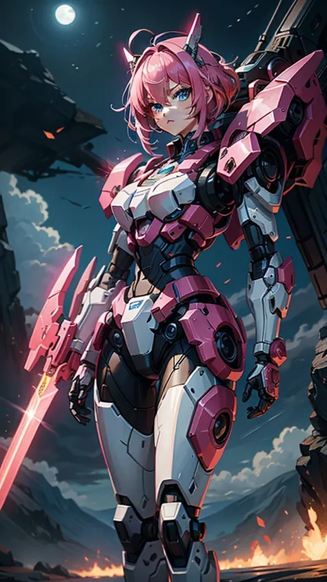 mech warrior，Girl with pink hair，armed with a short sword，Wearing blue armor，sense of science and technology，moonlight close-up，night