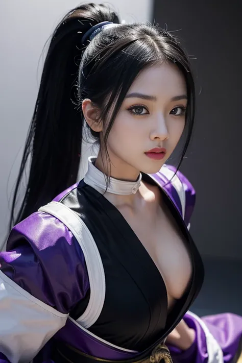 Black hair in a ponytail、Beautiful 25 year old Japan woman, white skin, double eyelid、serious expression, Wearing a black and purple ninja costume, valley、waist up shot, dynamic pose, environmental lighting, photorealism, intricate face details, intricate ...