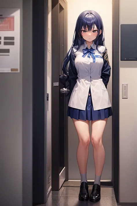 (Explicit content warning) [(masterpiece: 1.1, highest quality: 1.1), Shy high school girl in uniform, emphasize, , Sheer, Somewhat 0.8 Blue hair,long hair, Wet,Mini Skirt
