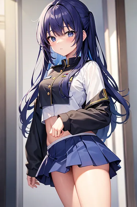  [(masterpiece: 1.1, highest quality: 1.1), Shy high school girl in uniform, emphasize, , Sheer, Somewhat 0.8 Blue hair,long hair, Wet,Mini Skirt　corridor　Emblem on uniform shoulder