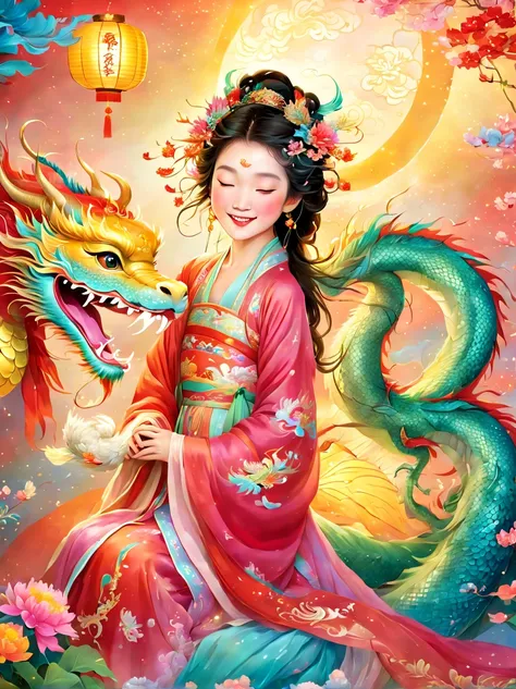 joyful and festive scene featuring a cute and lively 5-year-old ancient Chinese princess embracing a fluffy-textured, mythical Chinese baby dragon. Both are sleeping peacefully. The background is enhanced with festive decorations, such as lanterns, colorfu...