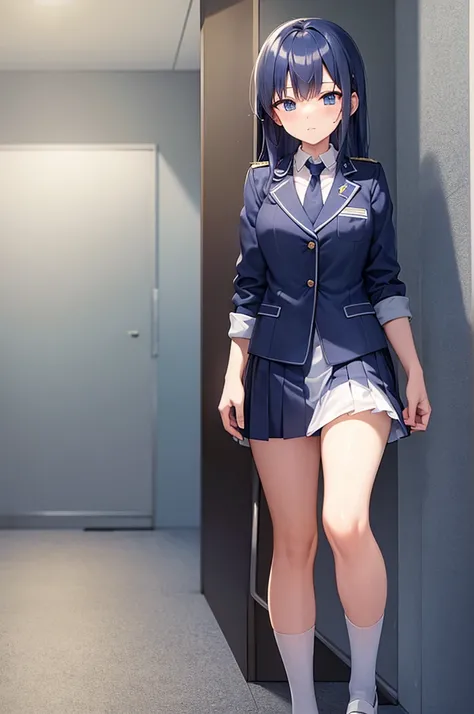 [(masterpiece: 1.1, highest quality: 1.1), Shy high school girl in uniform, emphasize, , Sheer, Somewhat 0.8 Blue hair, Wet,
The location is the hallway　The tie is light blue　