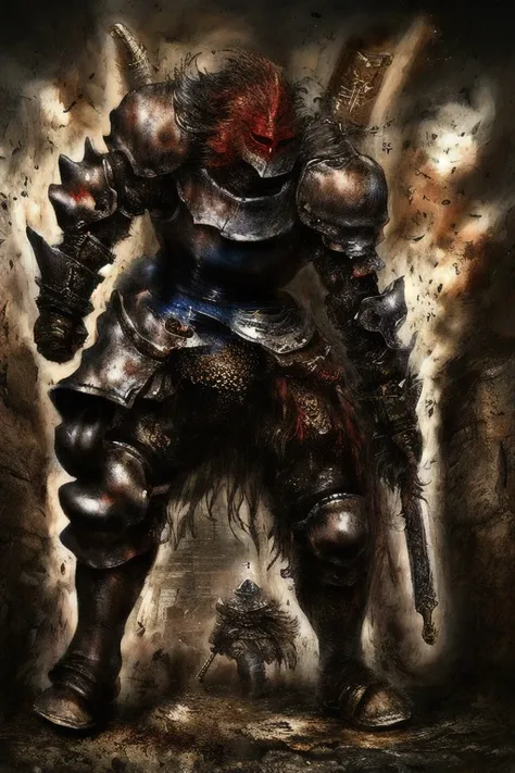 a knight wielding a long sword breaking a wall with his fist