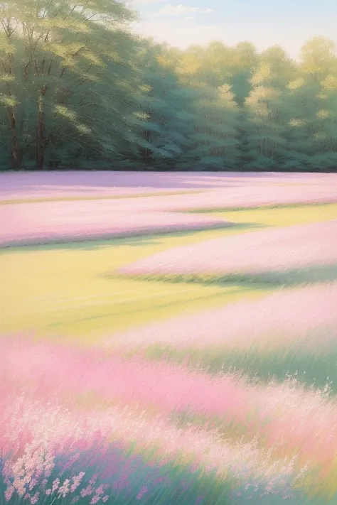 A tranquil scene featuring a meadow in bloom, with soft color tones, (pastel hues:1.1), (muted palette:1.2), delicate petals of pink and purple flowers cascading to the ground, (painted in soft brushstrokes:1.3), (subtle shading:1.4), cerulean sky above, (...