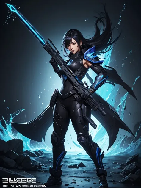 (best quality, vibrant colors), (design detailed), (weapon detailed, full body weapon detailed), (skin titanium black, weapon blue), (skin weapon game detailed), (splash art) weapon evolution, weapon unique features, 