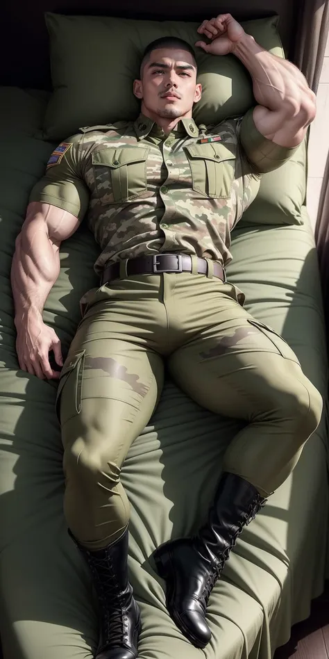 Sad crying tall giant muscular man.，Khaki camouflage military uniform，Sleeping on a soft dark green mattress，Strong and fierce tough guy straight man，Buzz Cut，身穿Khaki camouflage military uniform，Sleeping on a soft dark green mattress， Sad expression，Deep a...