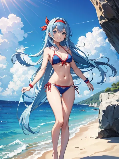 1 girl, anime, master piece, best quality, ultra-detailed, sea, blue clear sky, full-body shot, standing pose, bikini, skyblue long straight hair, red headband, exuberant grin, looking at viewer