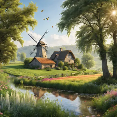 (best quality,4k,8k,highres,masterpiece:1.2),ultra-detailed,(realistic,photorealistic,photo-realistic:1.37),landscape,countryside,soft tones,vivid colors,natural light,sunlit fields,rolling hills,peaceful atmosphere,rustic charm,flowing streams,gentle bree...