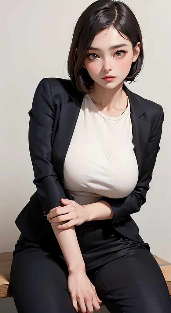 there is a woman sitting on a bench wearing a black jacket, wearing a business suit, wearing business suit, jacket over bare torso, wearing a blouse, wearing tight suit, girl in suit, Japanese woman, wearing black business suit, girl in a suit, with a larg...