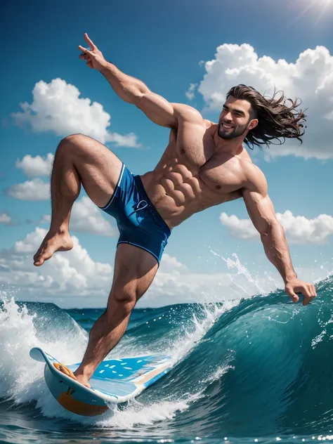 8k，8K resolution，2 Muscular Europeans, handsome man，charming eyes，rough real skin,beautiful, smooth and shiny，Full muscles，Thick body hair， (Wearing fashionable swimming trunks)，big bag，emphasize，(Sea surfing)，Two men smiling happily，Skateboarding and surf...