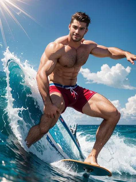 8k，8K resolution，2 Muscular Europeans, handsome man，charming eyes，rough real skin,beautiful, smooth and shiny，Full muscles，Thick body hair， (Wearing fashionable swimming trunks)，big bag，emphasize，(Sea surfing)，Two men smiling happily，Skateboarding and surf...