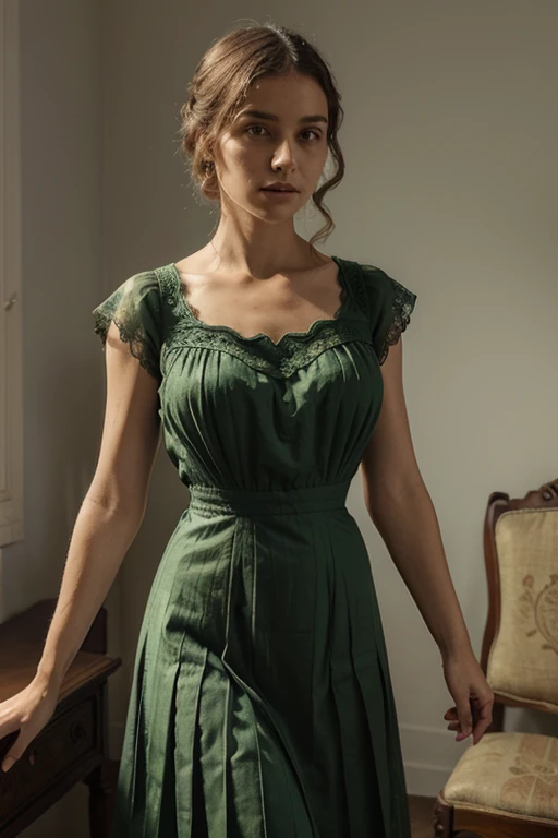 ((masterpiece)), (best quality), (simple style), green dress, Butterfly heart, pleated lace, Edwardian lace dress.