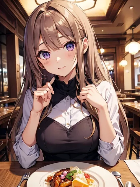 bronde hair,light purple eyes,beautiful eyes,1 beautiful girl,best quality,cute face,good anatomy,restaurant,table