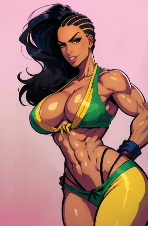 1 sexy woman, 25 yo,  (laura matsuda) (streetfighter) gta style, cowboy shot, mid distance shot, perfect eyes, perfect body, perfect hands, perfect lips, hourglass body, 34d breast, copa cabana beach, background, extremely detailed, ultra-realistic, dark h...